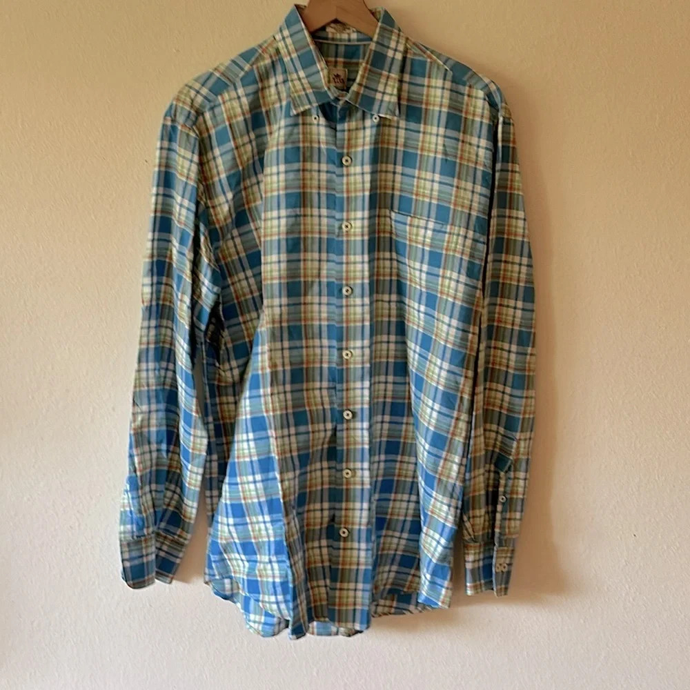 Peter Millar L blue orange green white cotton linen blend button down like new